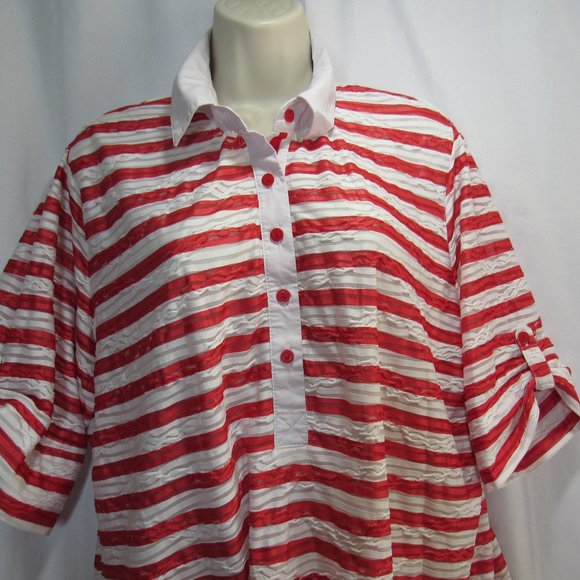 Vintage Cathy Daniels Women's Red Stripe Roll-Tab Blouses Shirts Size XL - Picture 3 of 8